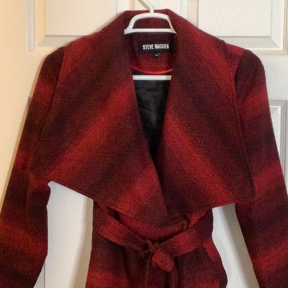 Steve Madden Red and Black Wool Blend Wrap Coat - Picture 3 of 14
